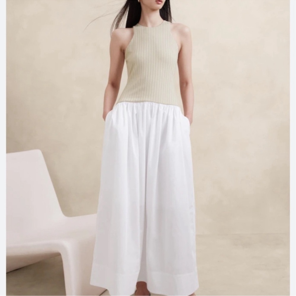 Banana Republic Two Tone Knit & Cotton Maxi Dress Cream White